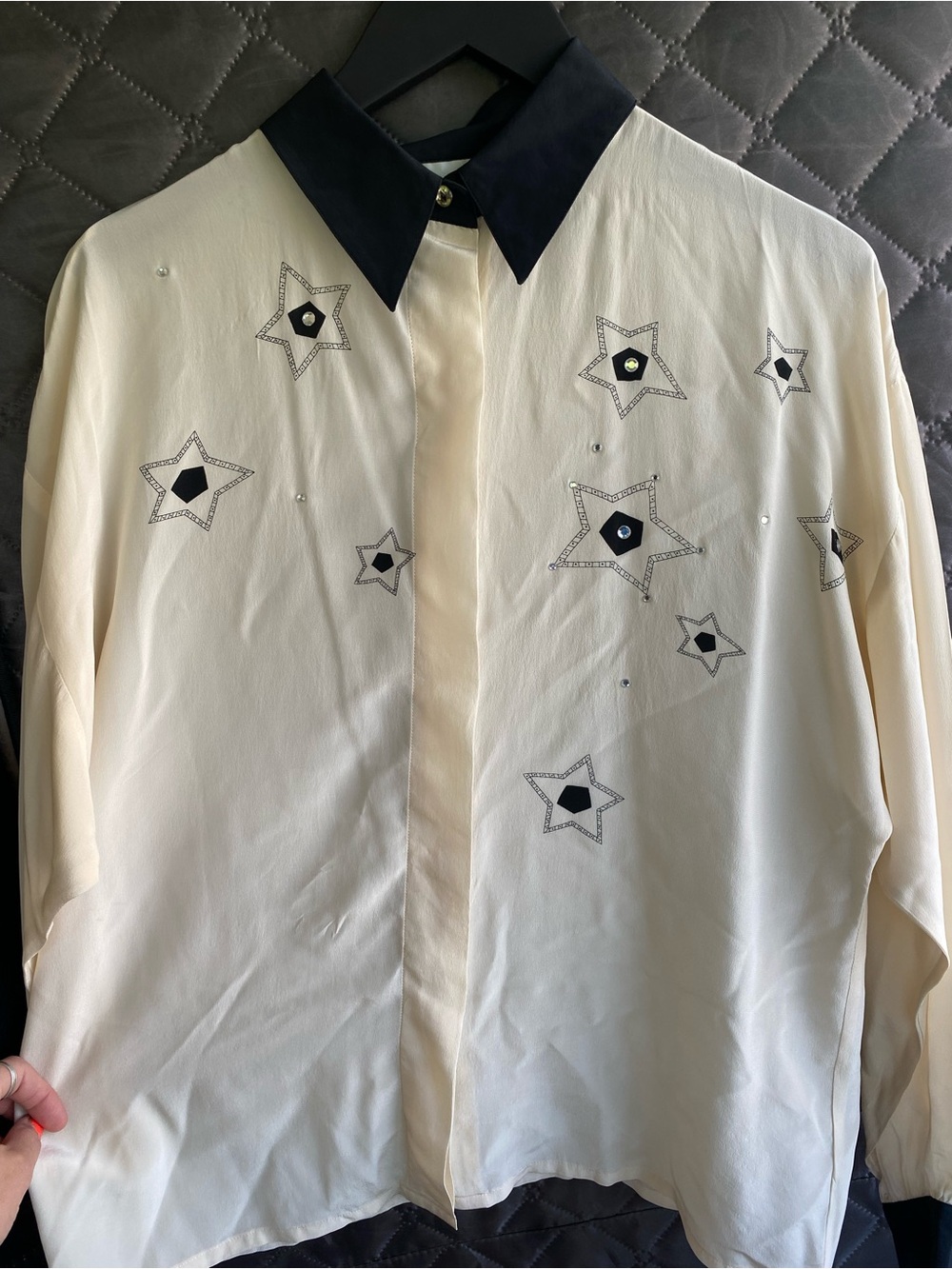 Vintage Josephine Chaus 100% Silk Star Blouse - Colorblock Celestial Rhinestone